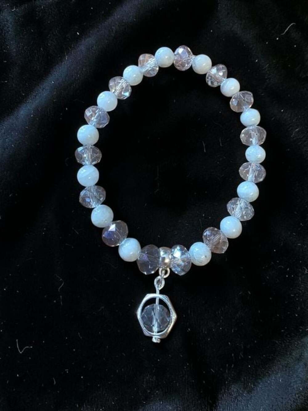Handmade Crystal and Jadeite Beaded Stretch Bracelet Char